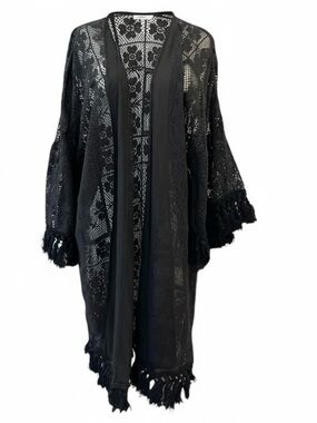 Aerie Black Open Front Patchwork Fringe Crochet Festival Swim Cover Up Kimono